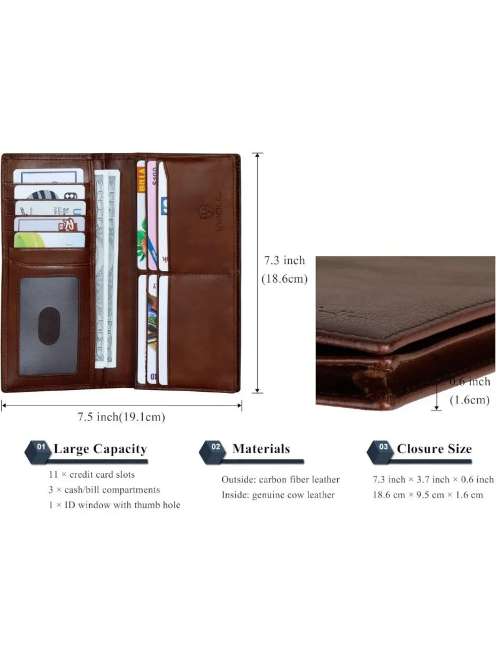 RFID Blocking Leather Checkbook Wallet for Men, Bifold Cash Holder, 11 Card